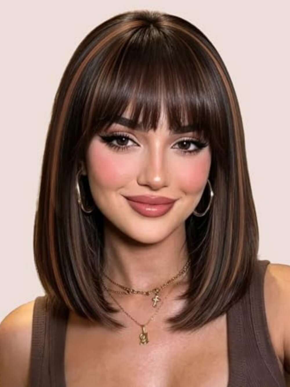 Brown Highlight Bob Wig with Bangs for Women-Daily Straight Wigs